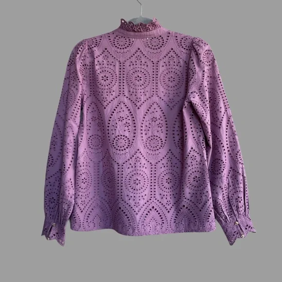 SEZANE Purple Wisteria Eyelet Ruffle Button Down Shirt Scalloped Chlo Blouse Top - Picture 9 of 14